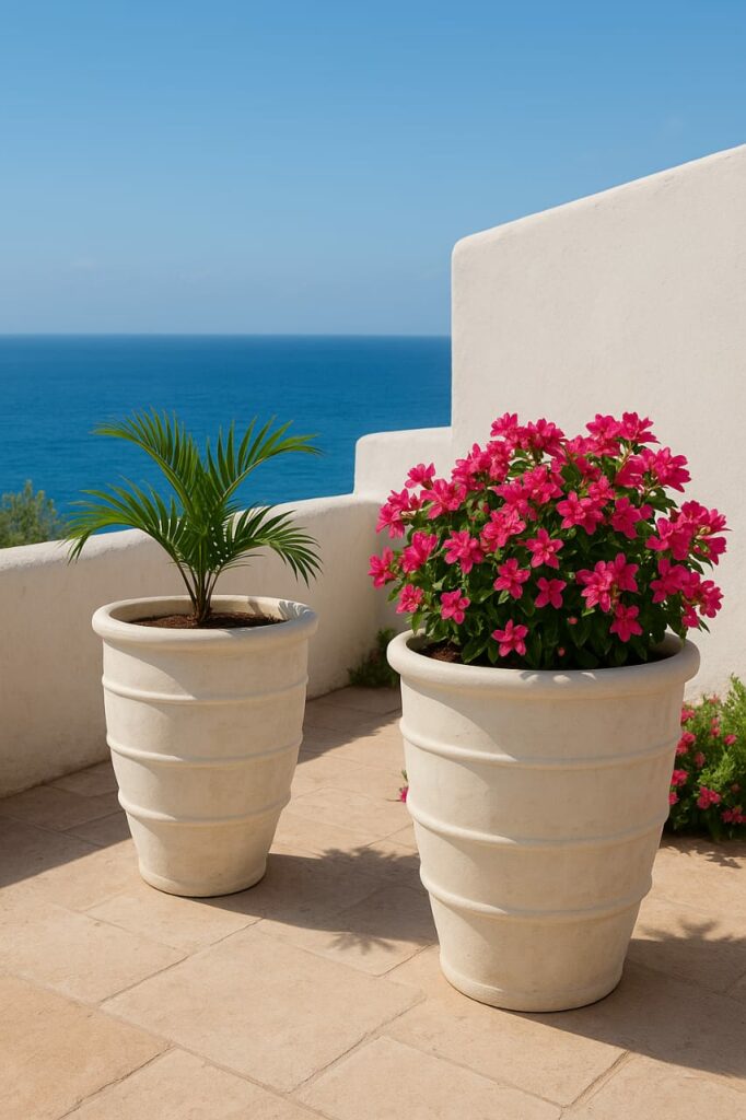 Handmade Mediterranean terracotta pot next to industrial machine-made pot comparison
